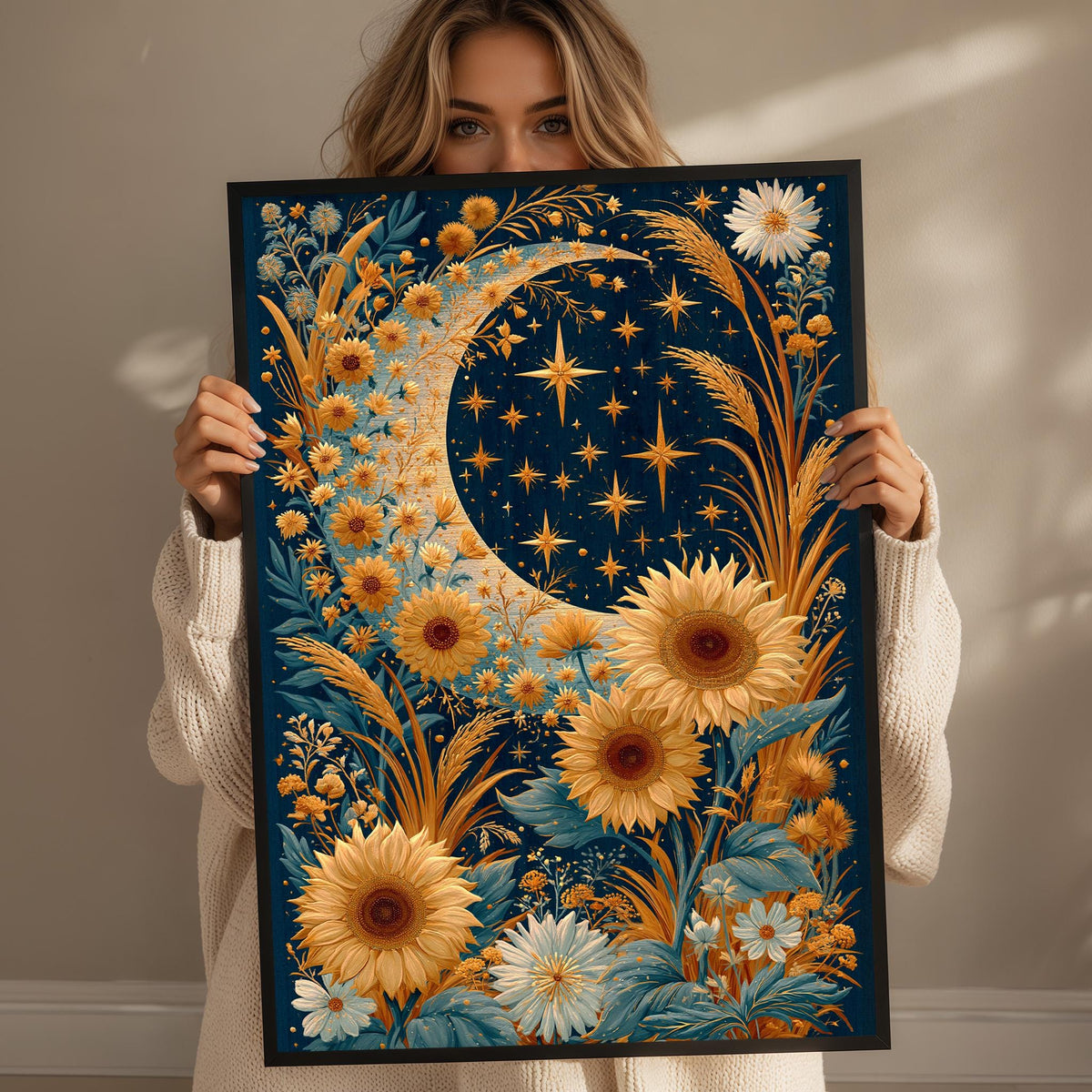 A woman holds up a framed artwork depicting a crescent moon surrounded by flowers and stars.