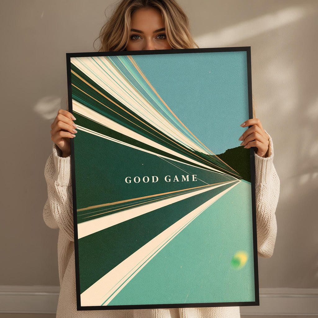 A woman holding a framed poster with the text "GOOD GAME" on it.