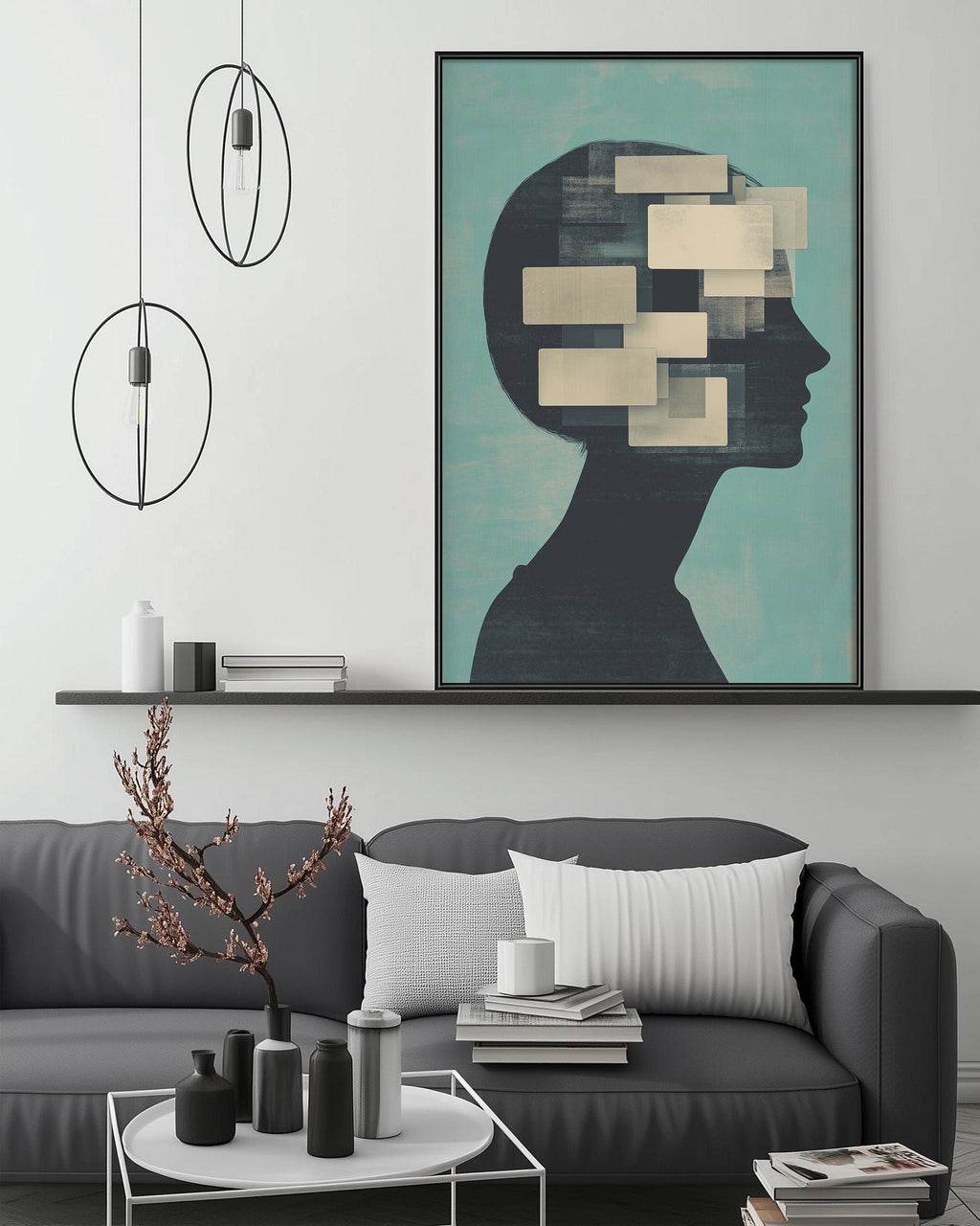 a modern living room with a gray sofa, a coffee table, and a large abstract painting hanging on the wall above the sofa.