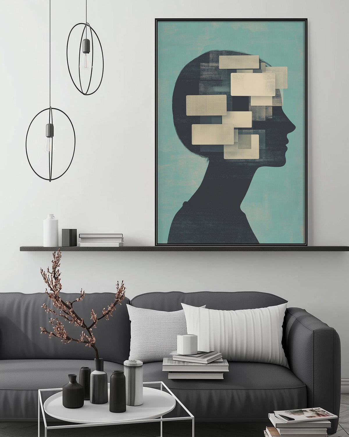a modern living room with a gray sofa, a coffee table, and a large abstract painting hanging on the wall above the sofa.