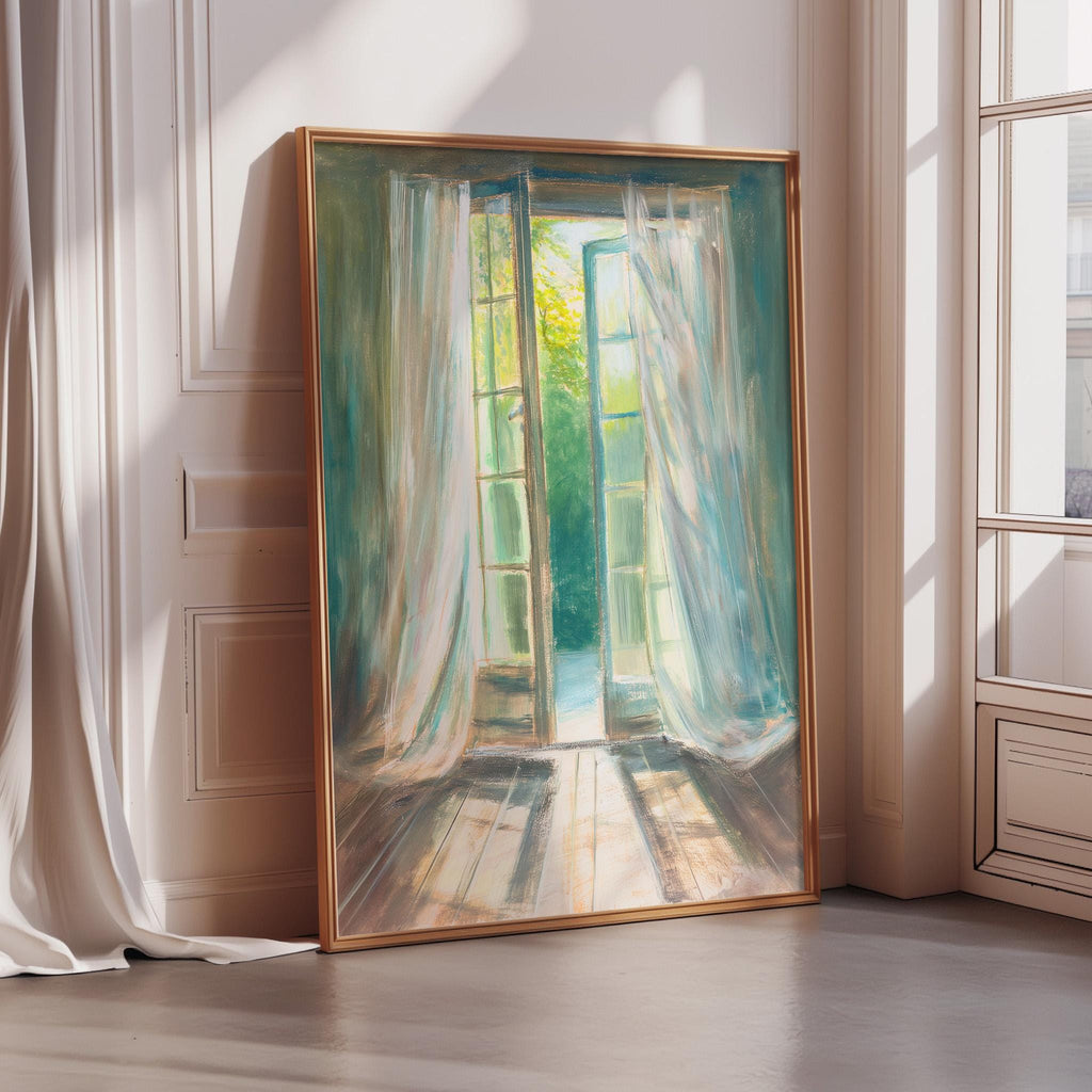 a large painting of an open window with curtains, set against a white wall and wooden floor.
