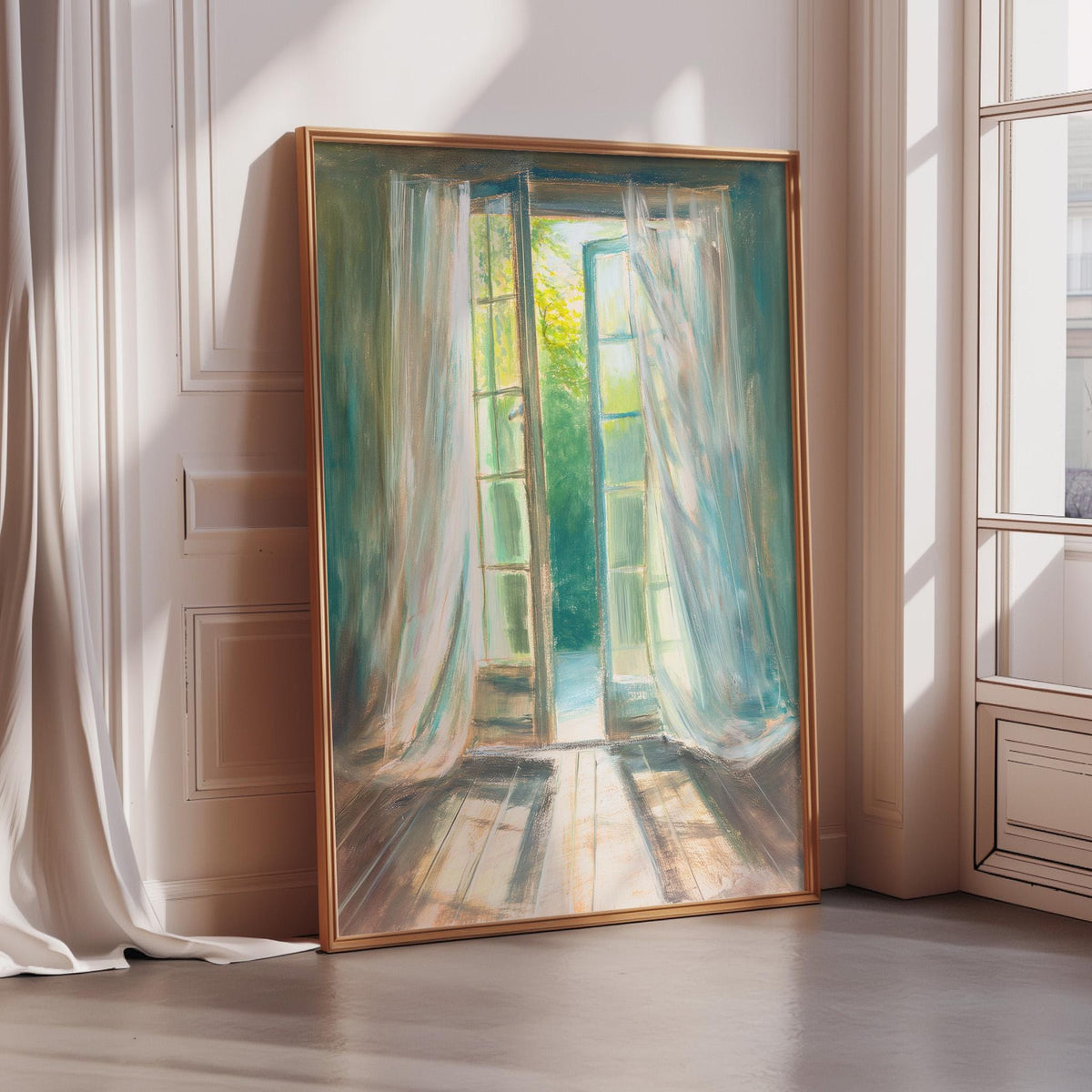 a large painting of an open window with curtains, set against a white wall and wooden floor.