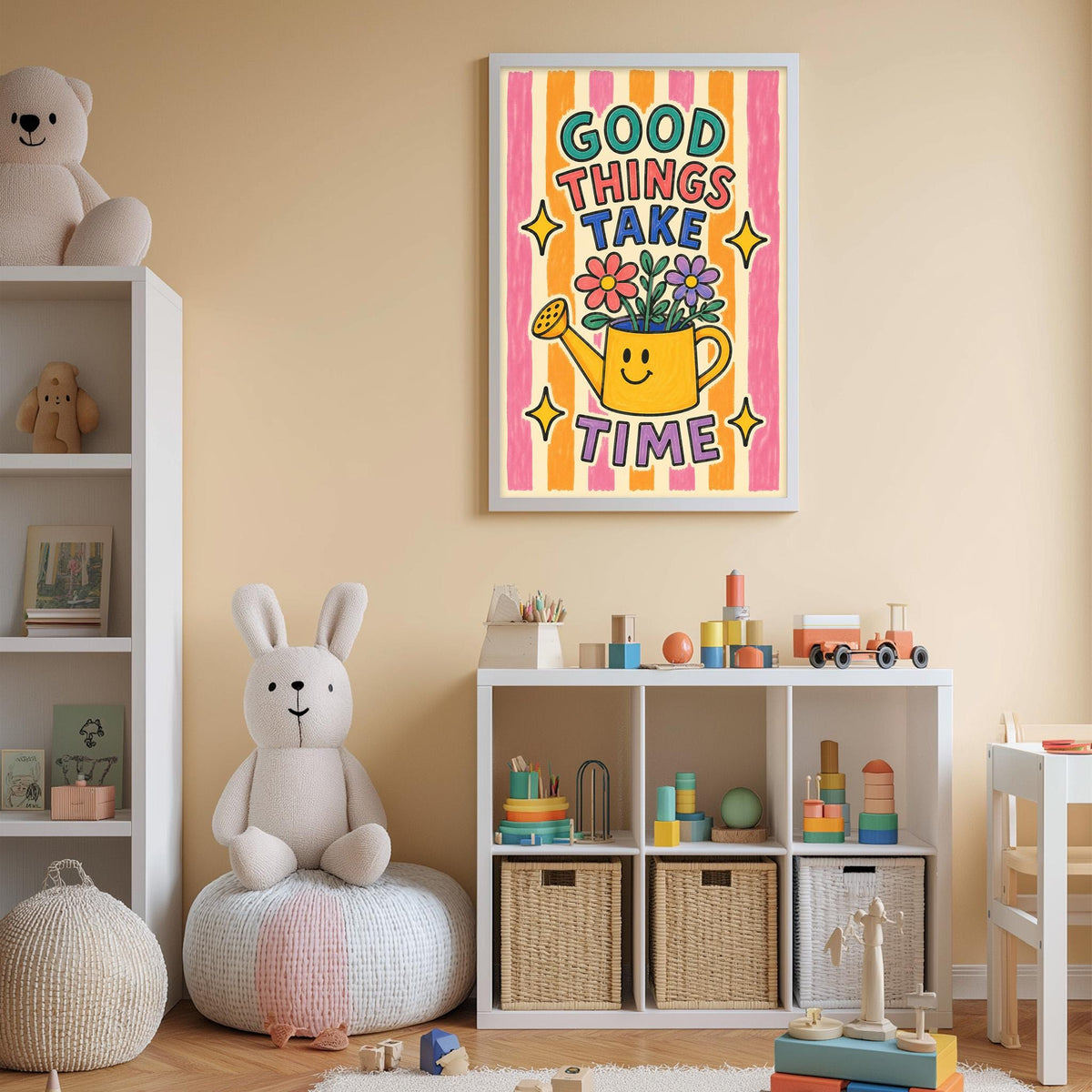 A child's bedroom with a colorful poster on the wall, a stuffed rabbit, a toy train, and a toy watering can.