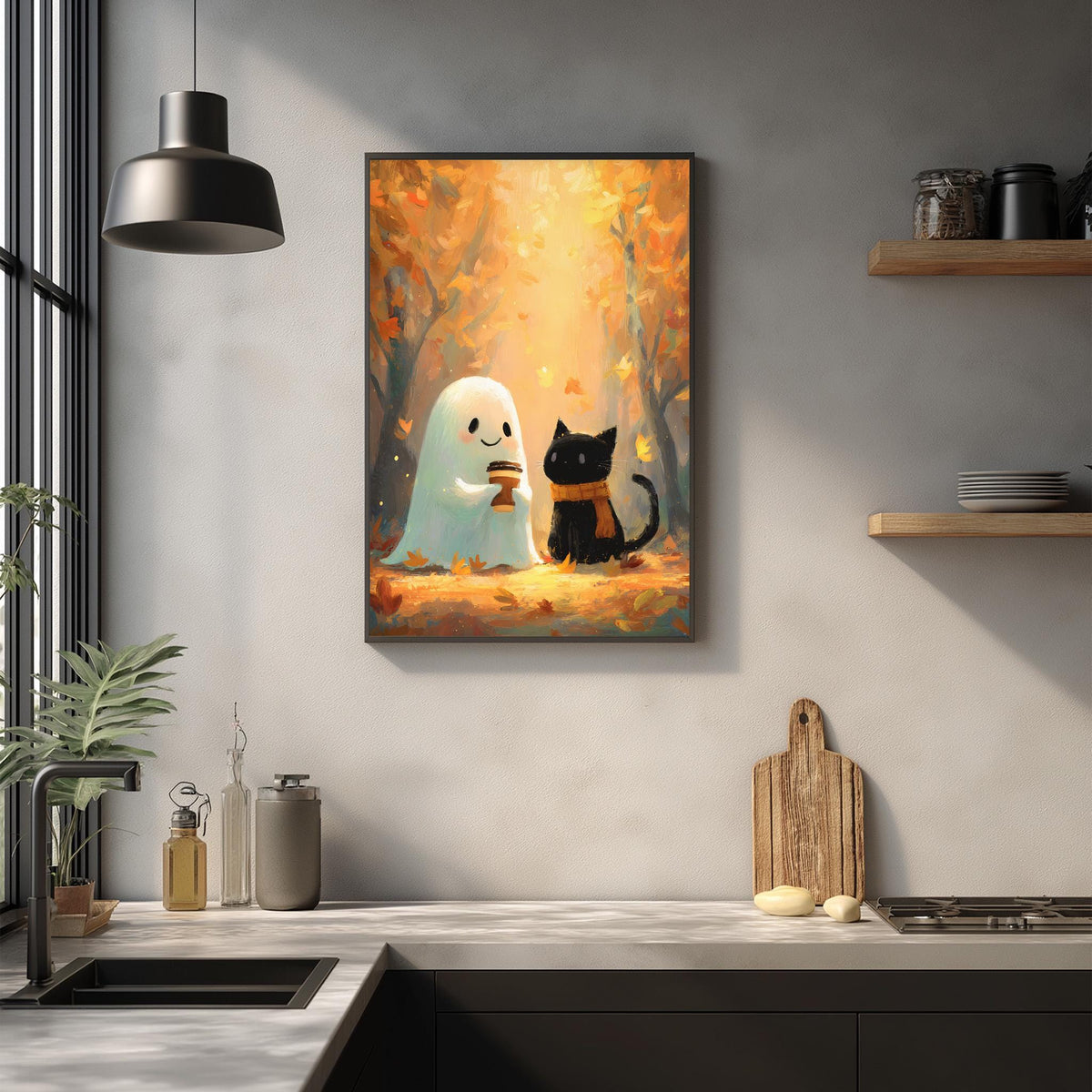 a kitchen scene with a framed painting of a ghost and a black cat on the wall.
