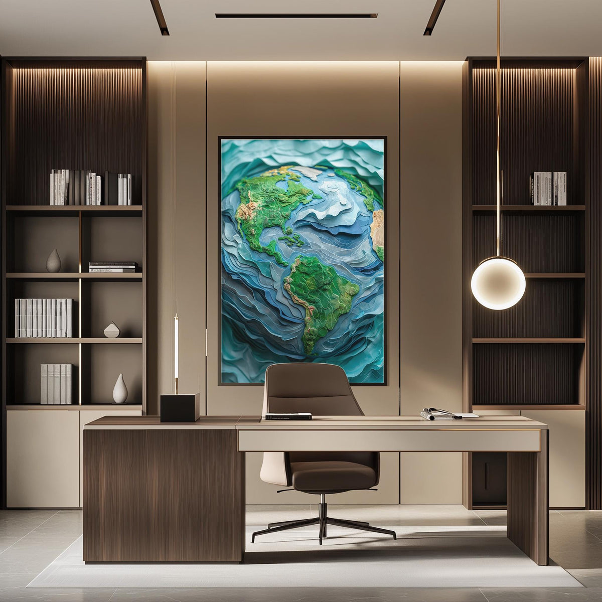 a modern office space with a large, colorful painting of the Earth on the wall. The office features a wooden desk, a comfortable-looking chair, and a bookshelf filled with books. The overall design and decor create a professional and stylish atmosphere.