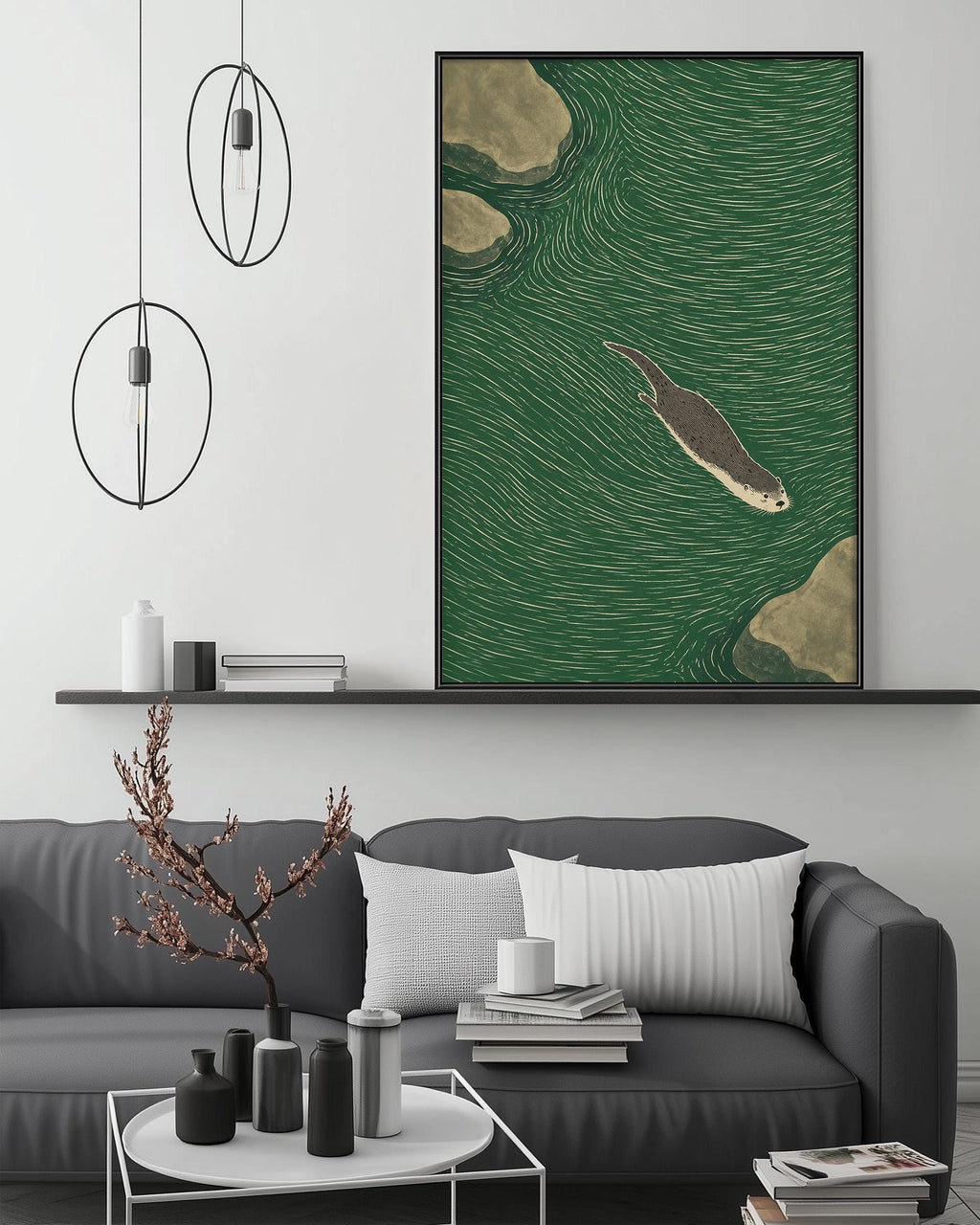 a modern living room with a gray sofa, a coffee table, and a large framed artwork depicting a seal swimming in green water.