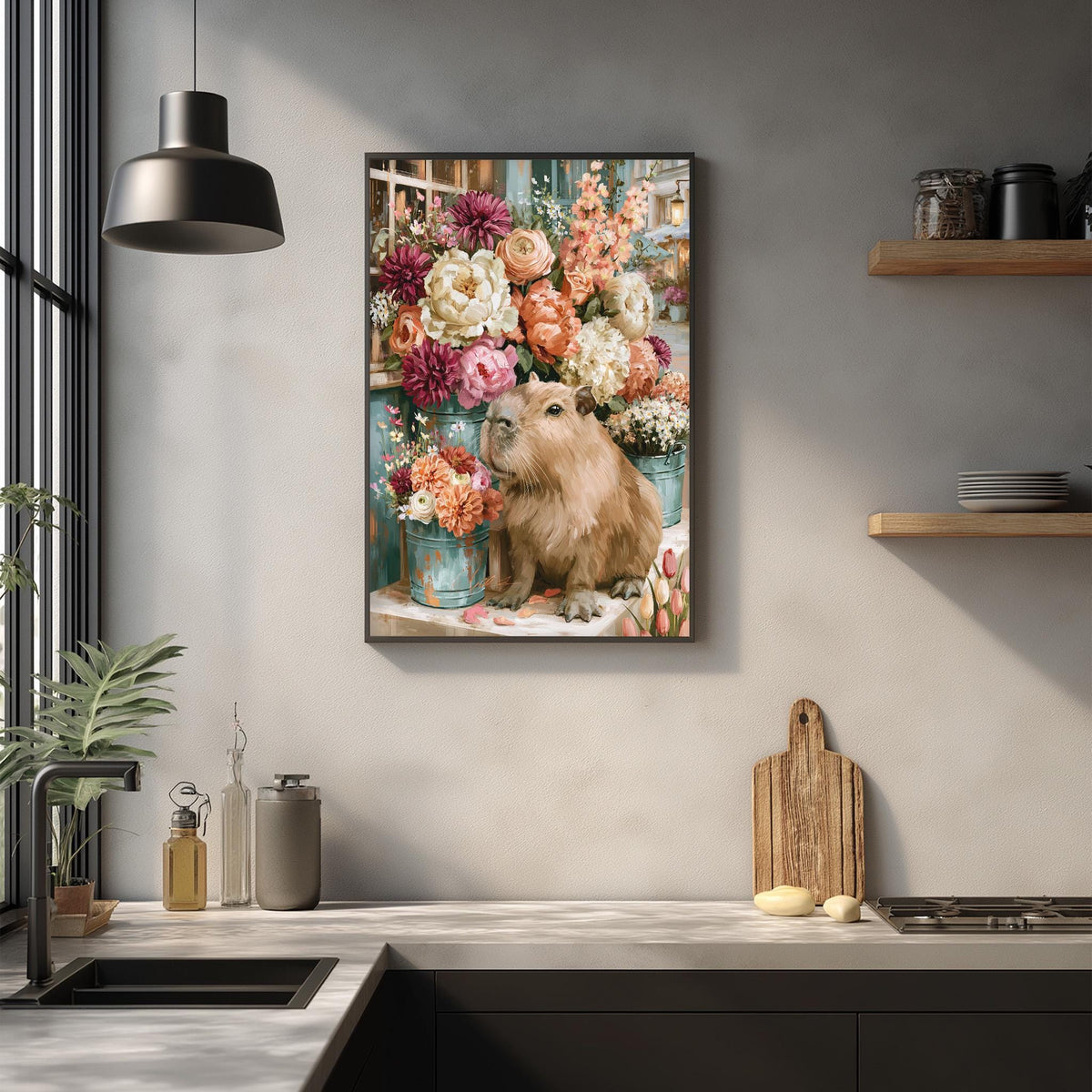 a kitchen counter with various items, including a wooden cutting board, a potted plant, and a framed picture of a beaver surrounded by flowers.