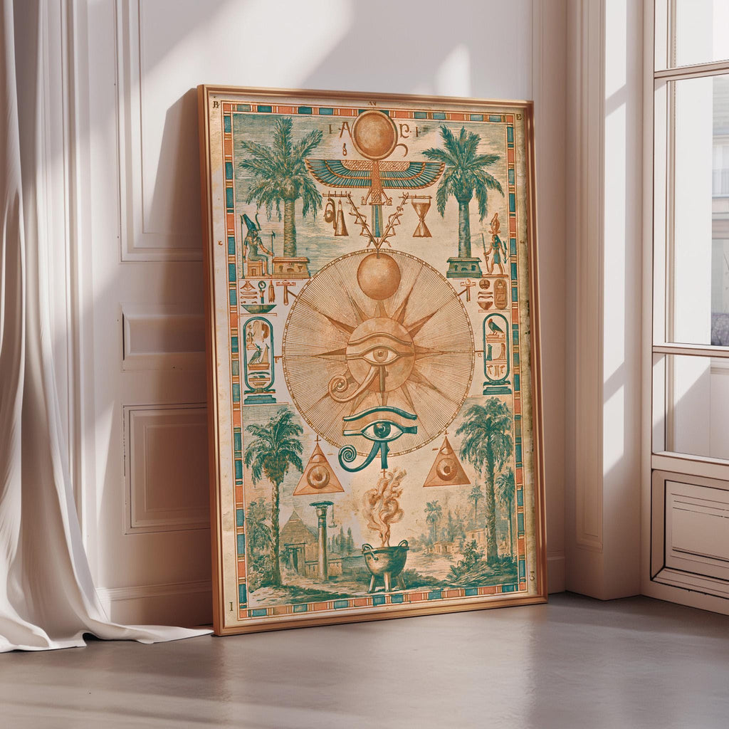 an ornate, colorful poster or artwork with various Egyptian-themed symbols and imagery, including a sun, palm trees, and a large eye.