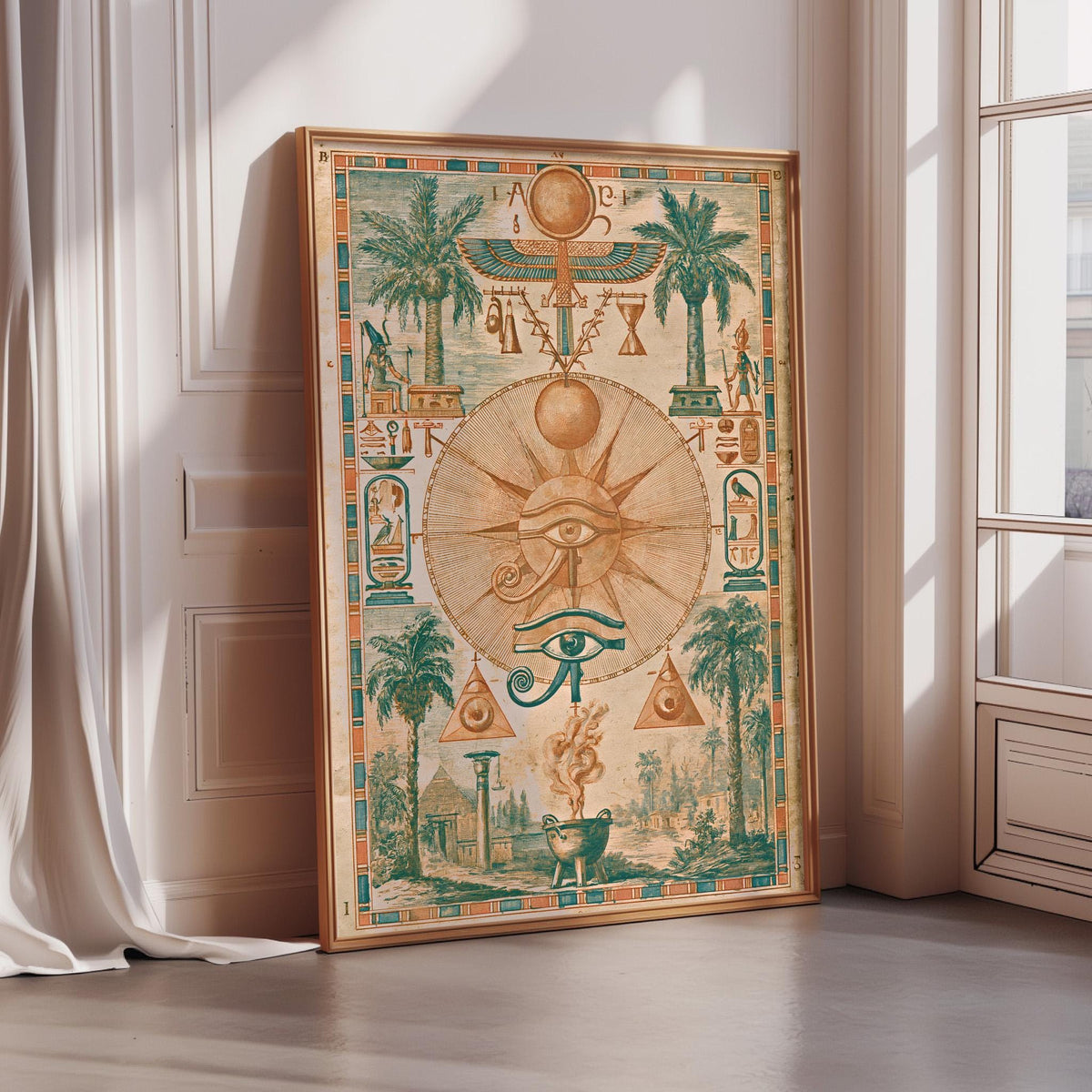 an ornate, colorful poster or artwork with various Egyptian-themed symbols and imagery, including a sun, palm trees, and a large eye.