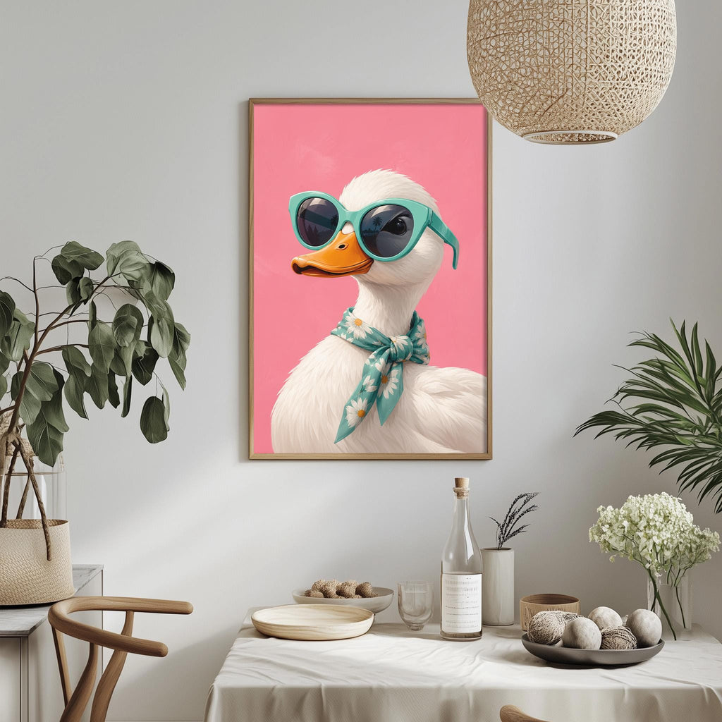 a duck wearing sunglasses and a scarf, with a pink background and a hanging lamp.