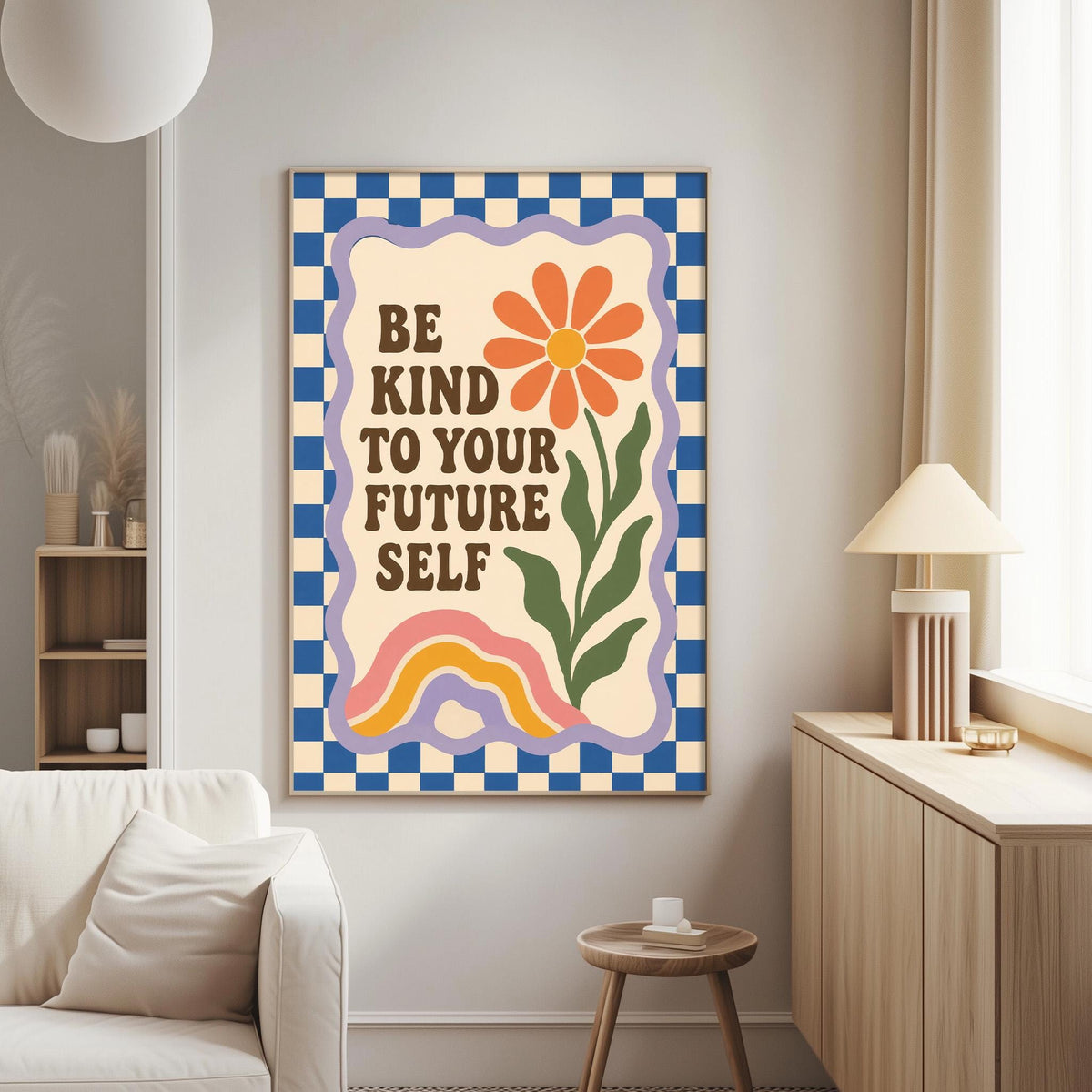 a poster with a flower and a rainbow, hanging on a wall in a living room.