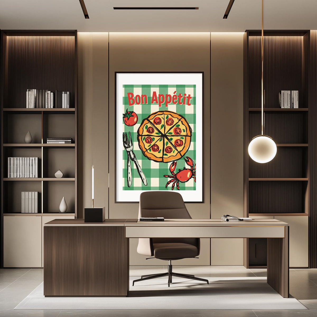 a modern office space with a large framed poster of a pizza on the wall, a desk with a chair, and a bookshelf.