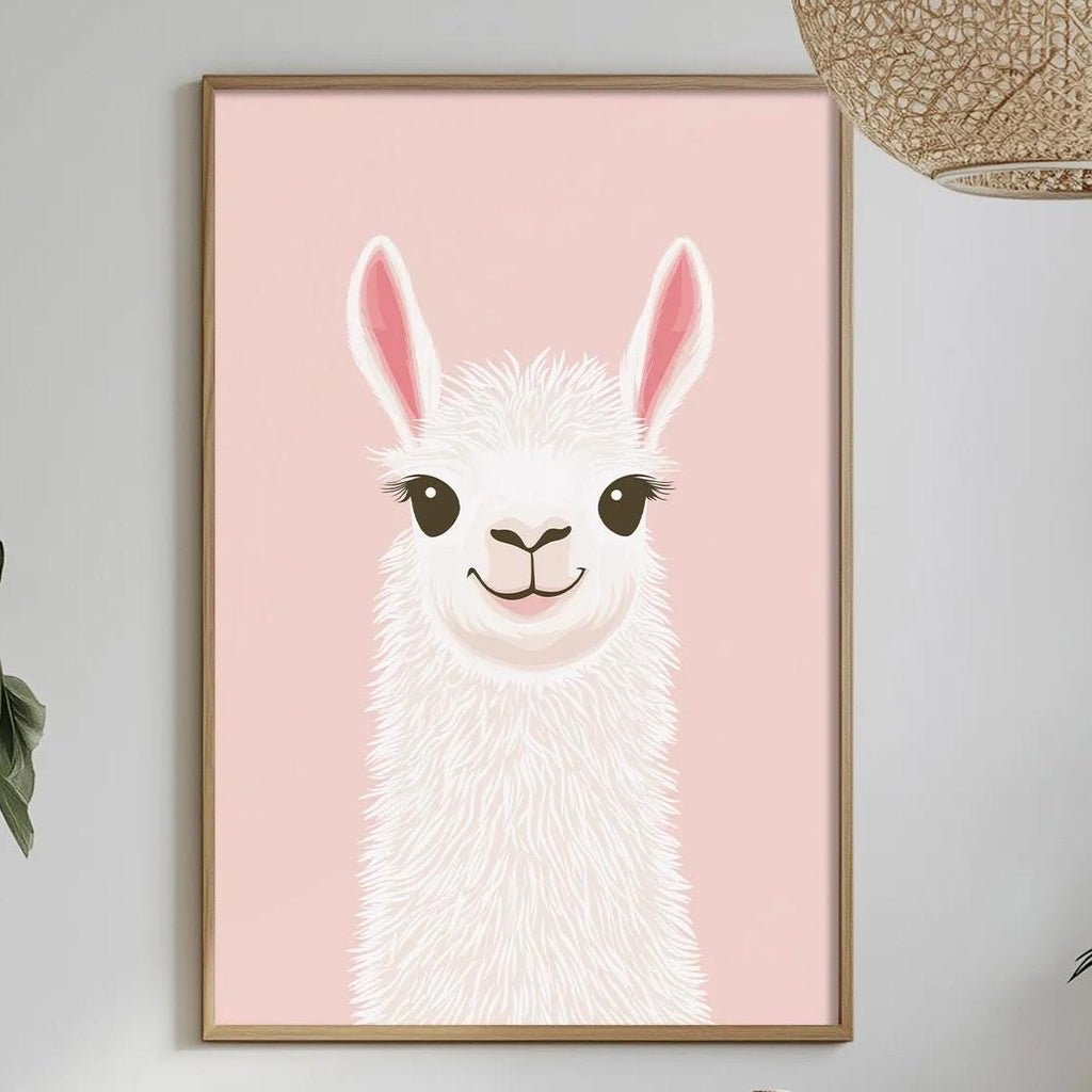 a pink wall with a framed picture of a smiling llama, a potted plant, a table with a vase of flowers, and a hanging light fixture.