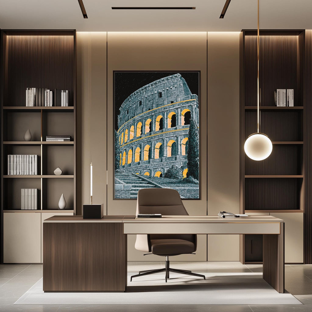 a modern office space with a large framed picture of the Colosseum hanging on the wall. The office has a wooden desk, a chair, and a bookshelf. The overall design and decor create a professional and stylish atmosphere.
