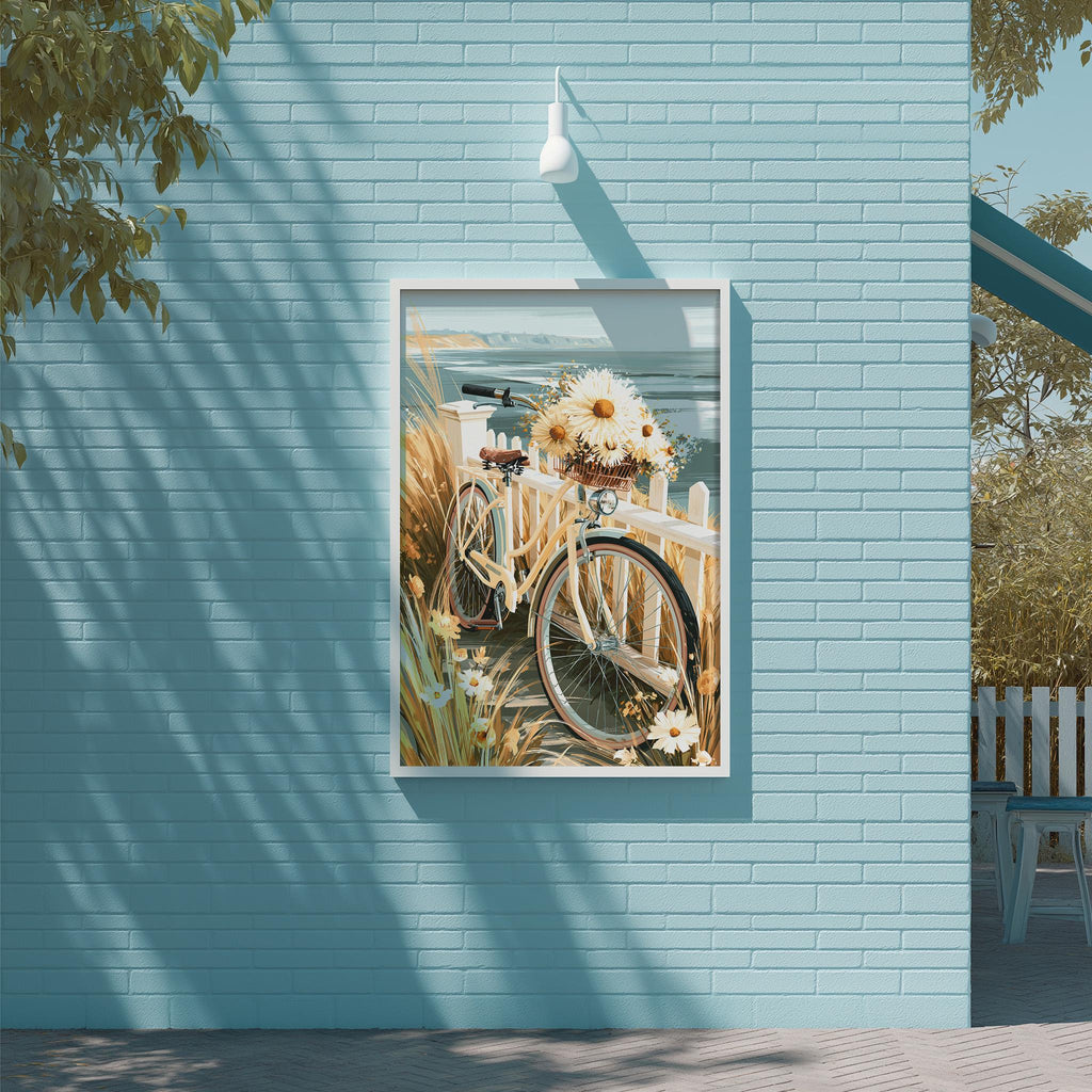 A framed painting of a bicycle with flowers on the handlebars is displayed on a blue wall, with a white light fixture above it.
