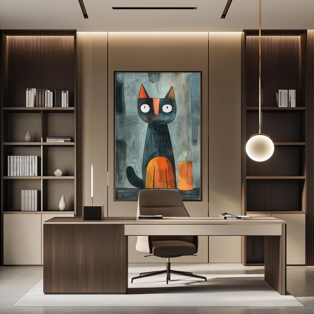 a modern and stylish home office with a large abstract painting of a cat as the focal point. The office features a wooden desk, a comfortable chair, and a bookshelf filled with books and decorative items. The overall design and decor create a warm and inviting atmosphere.