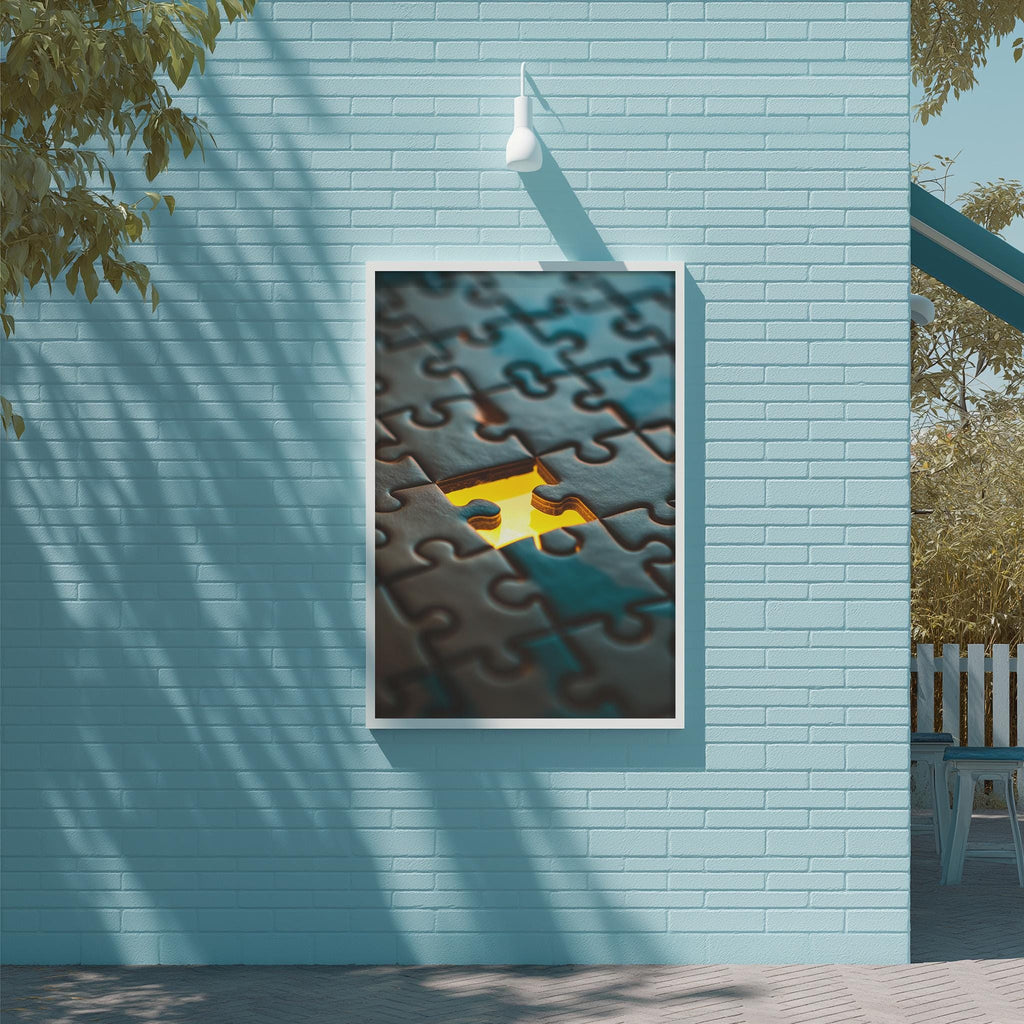 a close-up of a puzzle with a yellow piece missing, set against a blue brick wall.