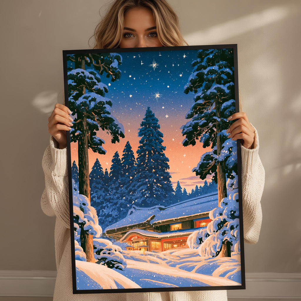 A woman holds up a framed picture of a snowy winter landscape with a cabin in the background, surrounded by trees and a starry night sky.