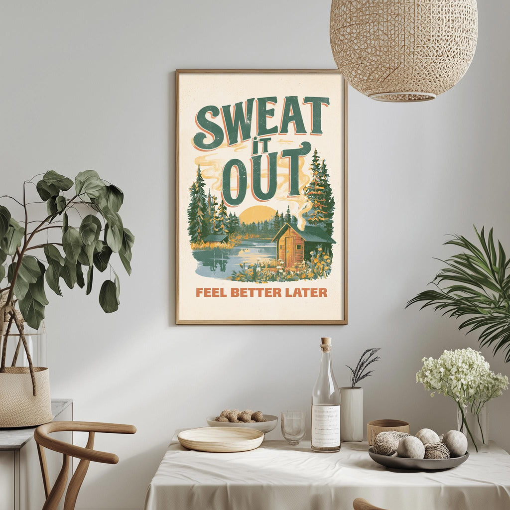 a framed poster with a forest scene and a house, hanging on a wall above a dining table with various items on it.