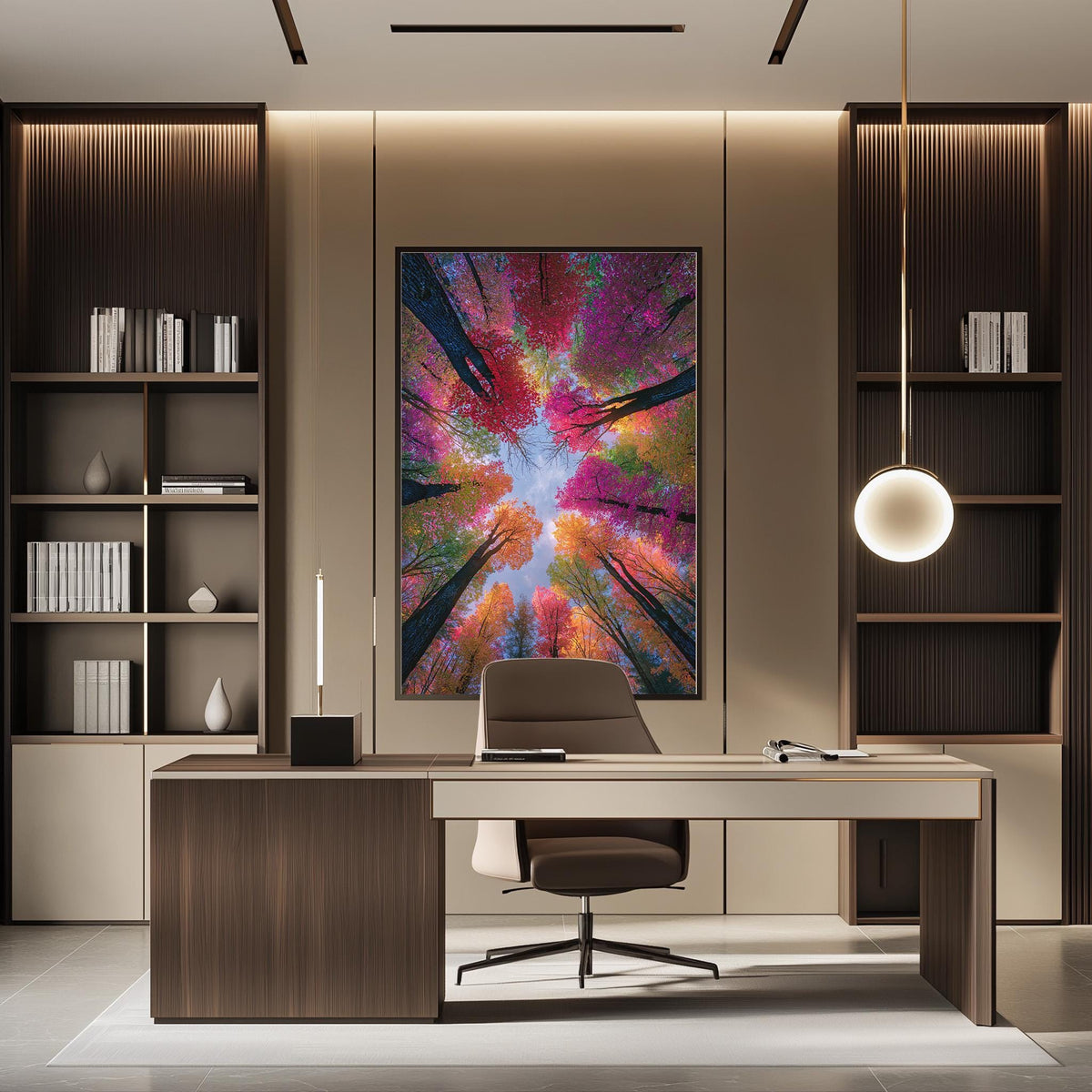 a modern office space with a large, colorful painting of a forest scene hanging on the wall above a desk with a chair.