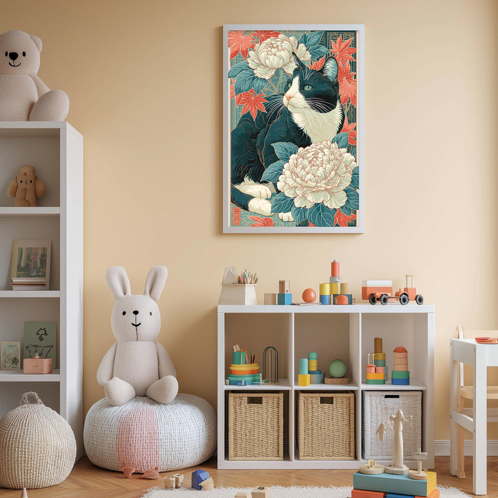 A cozy children's room with a large framed picture of a cat surrounded by flowers on the wall, a white bookshelf filled with toys, and a stuffed rabbit sitting on a bean bag chair.