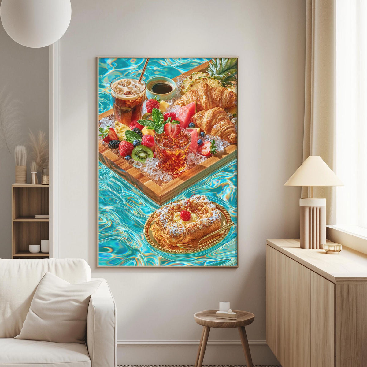a vibrant and colorful still life painting of a table with various food items, including fruits, pastries, and a drink.