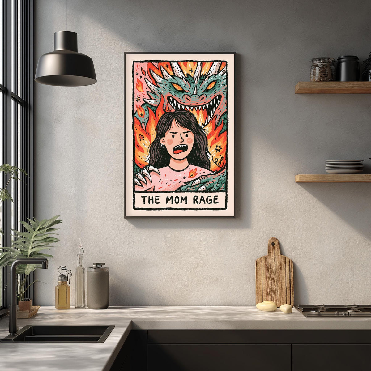 a framed illustration of a woman with a dragon behind her, depicting a scene of fear or anger.