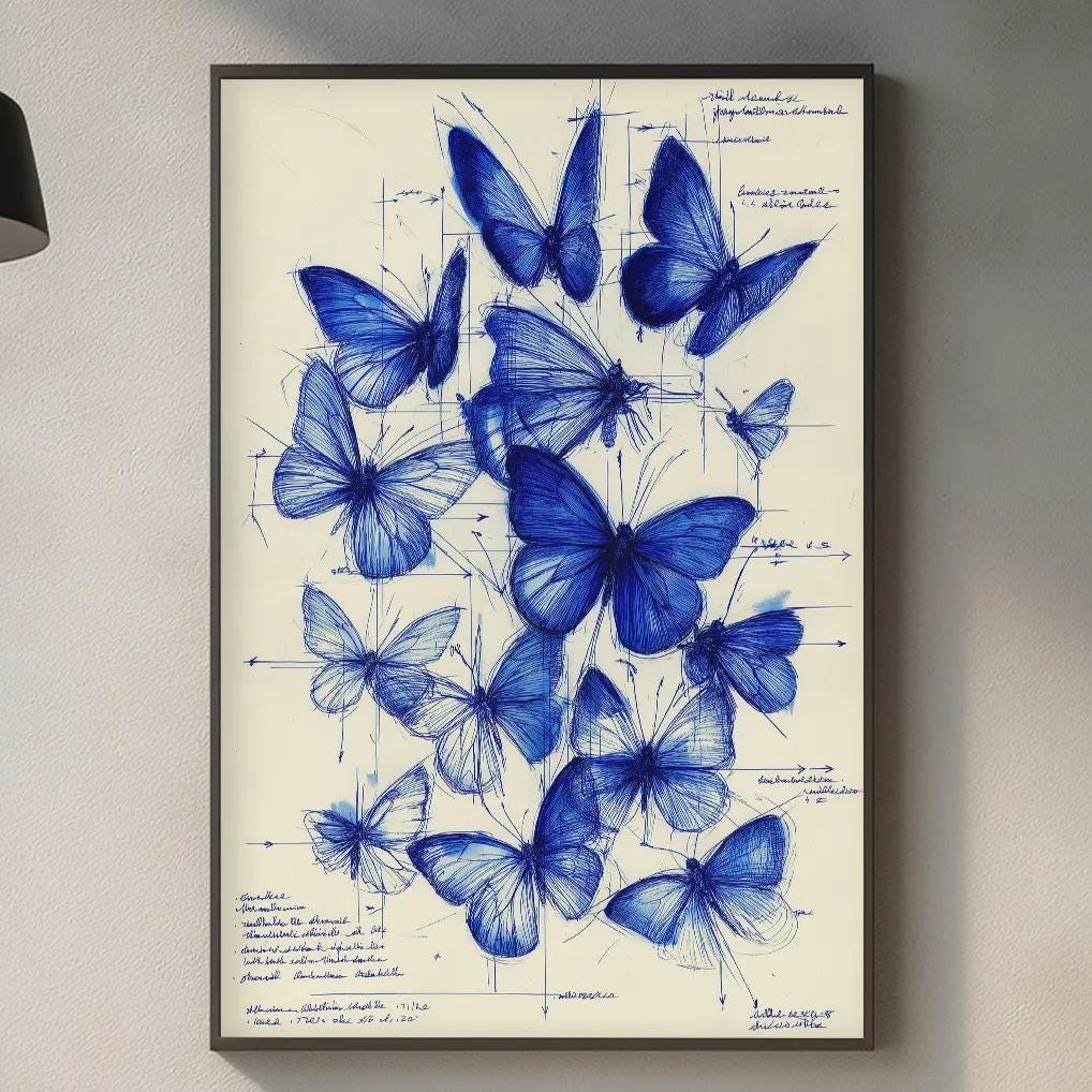 a framed print of blue butterflies hanging on a wall above a kitchen counter.