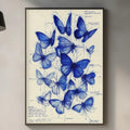 a framed print of blue butterflies hanging on a wall above a kitchen counter.