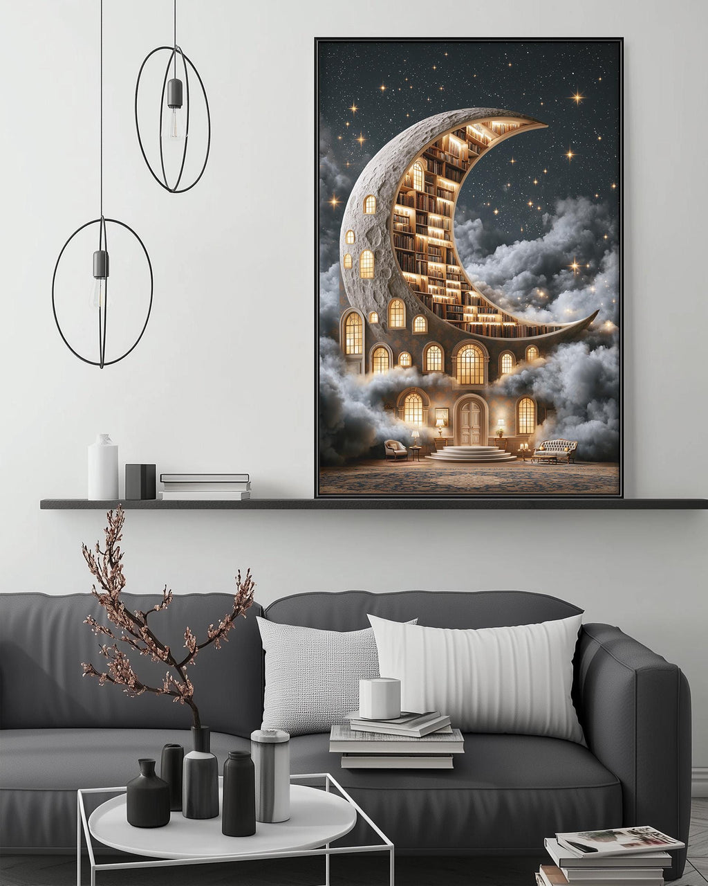 a large, whimsical painting of a crescent moon with a building-like structure on its surface, set against a starry night sky. The painting is displayed on a wall above a gray couch, which is adorned with a few decorative items such as a potted plant, a vase, and a stack of books. The overall scene creates a cozy and imaginative atmosphere in the living room.