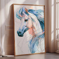a large, colorful painting of a horse's head, which is displayed on a wall in a room with a window.