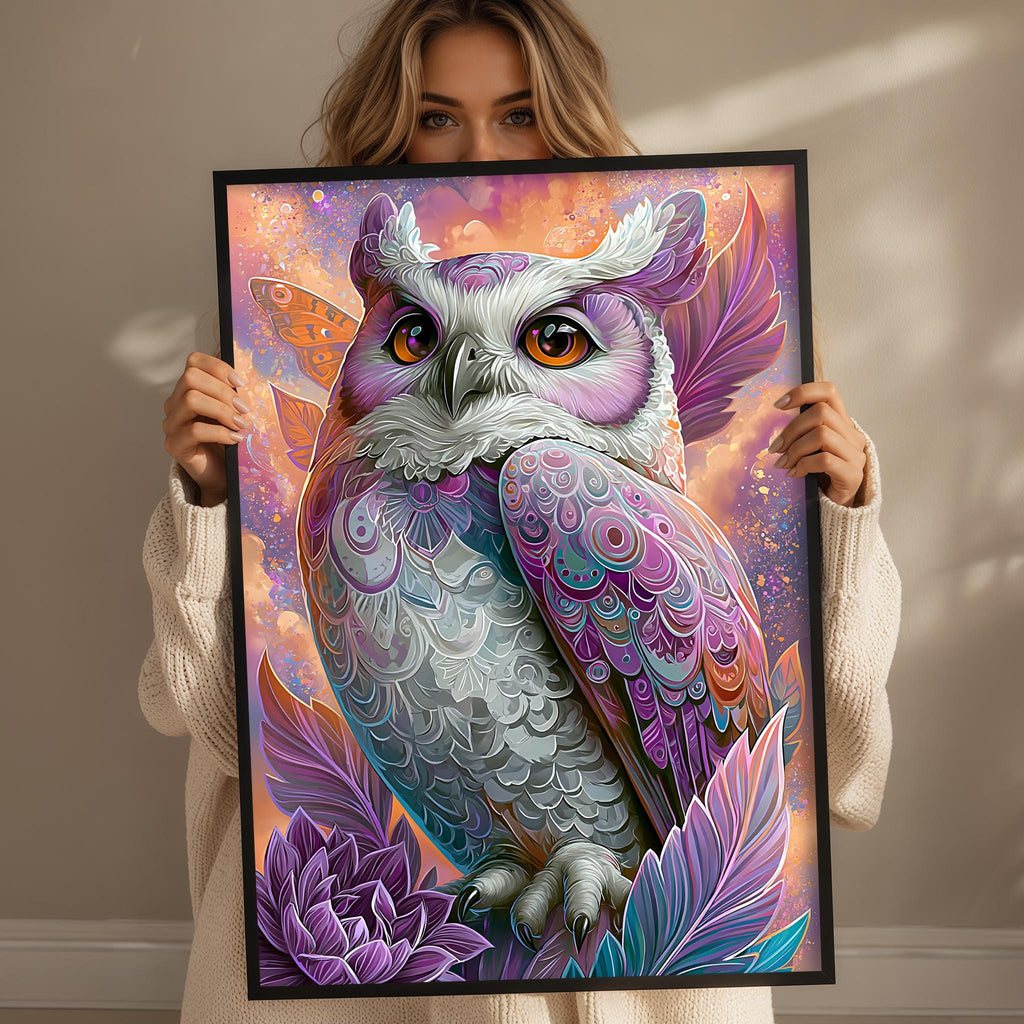 A woman holds up a framed painting of a colorful, fantastical owl with intricate patterns and vibrant colors.
