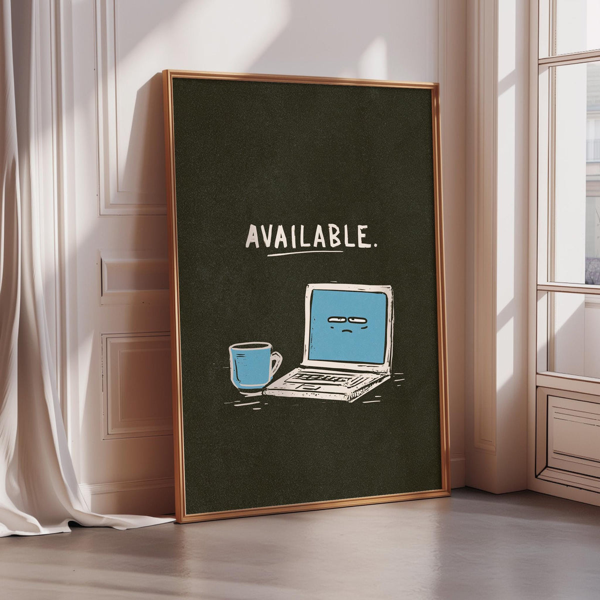 a framed poster with a cartoon depiction of a laptop and a coffee cup, accompanied by the text "AVAILABLE."