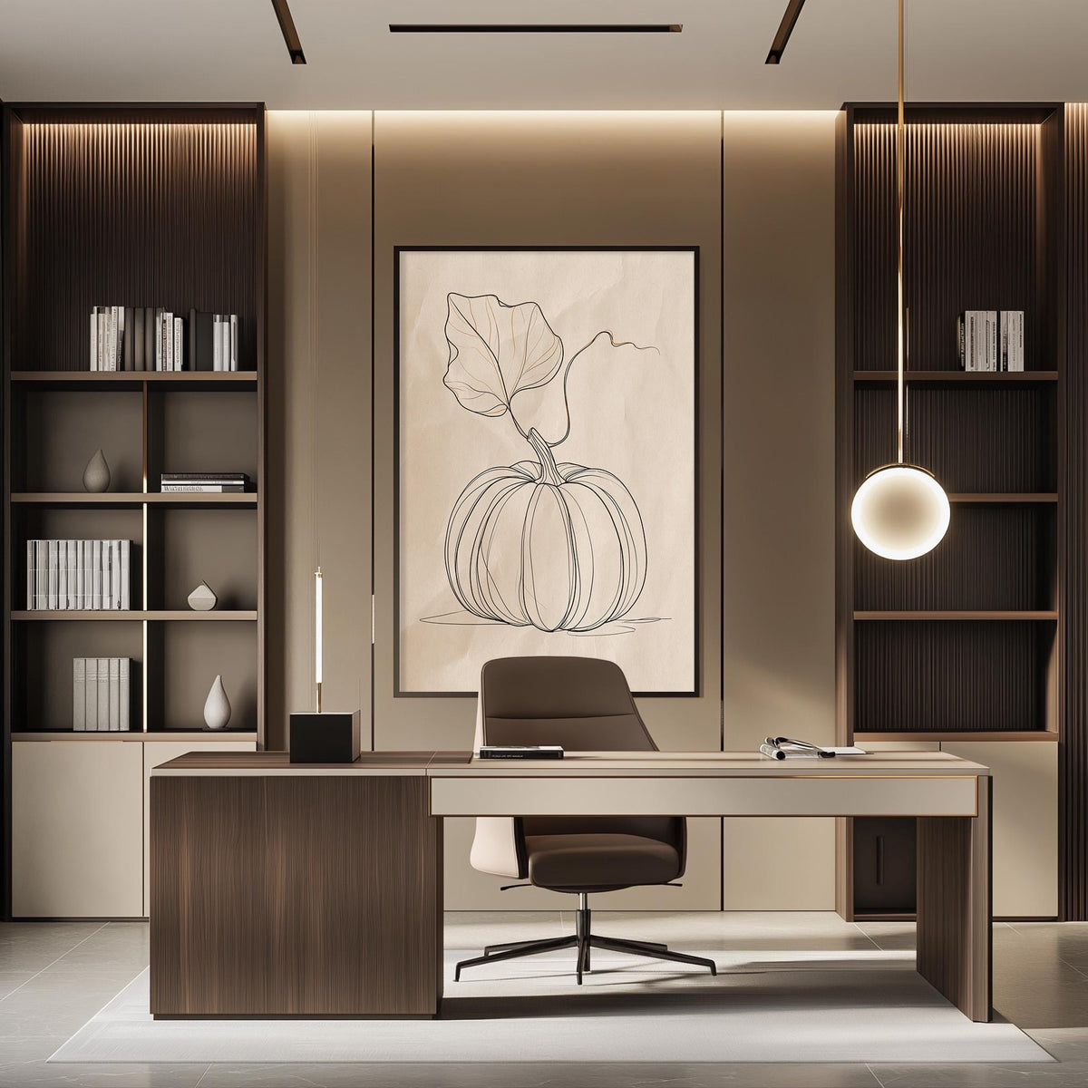 a modern and minimalist office space with a large wooden desk, a comfortable chair, and a large abstract drawing of a pumpkin on the wall.