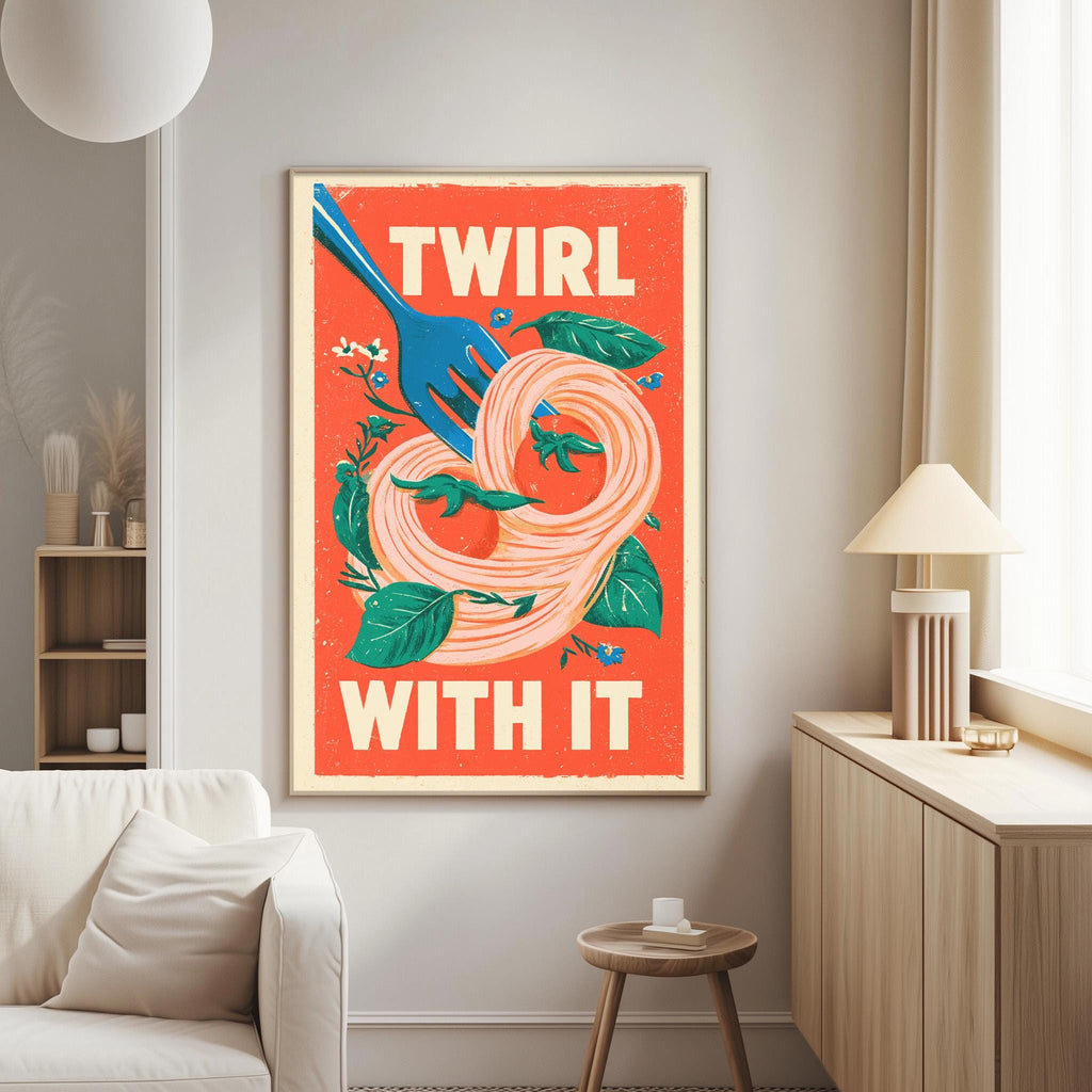 a vibrant poster with a whimsical design, hanging on a wall in a cozy living room setting.