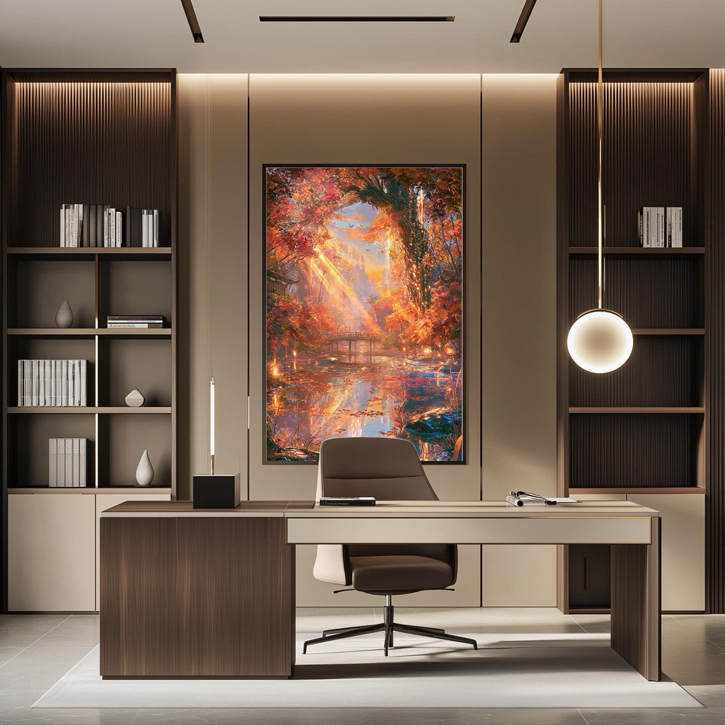 a modern and well-lit office space with a large, colorful painting of a forest scene hanging on the wall. The office features a wooden desk, a comfortable chair, and a bookshelf filled with books and decorative items. The overall design and layout of the space create a pleasant and inviting atmosphere.