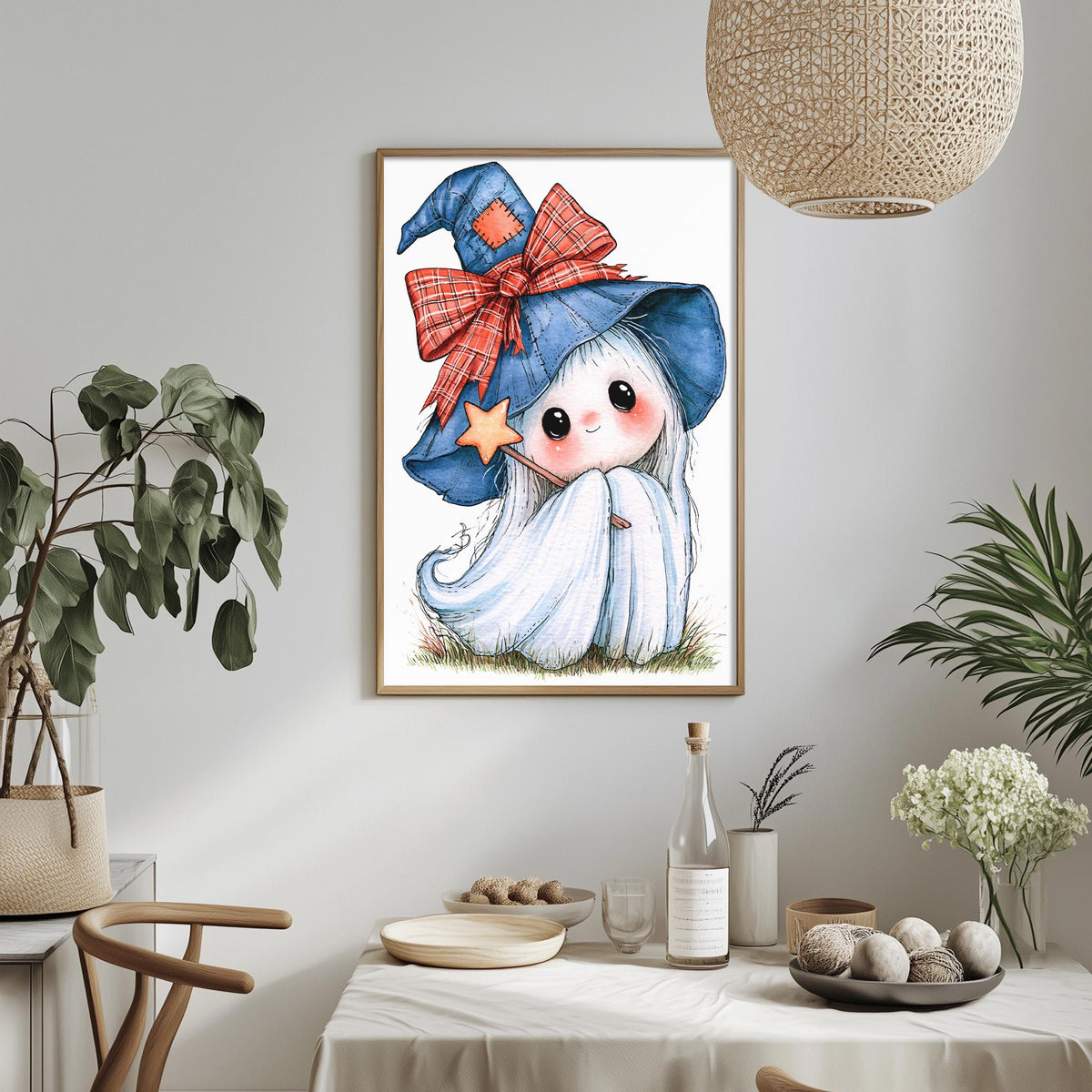 a framed illustration of a ghost-like character wearing a witch's hat, sitting on the ground with a star on its forehead. The background of the image is white, and there are some plants and decorative items in the foreground.