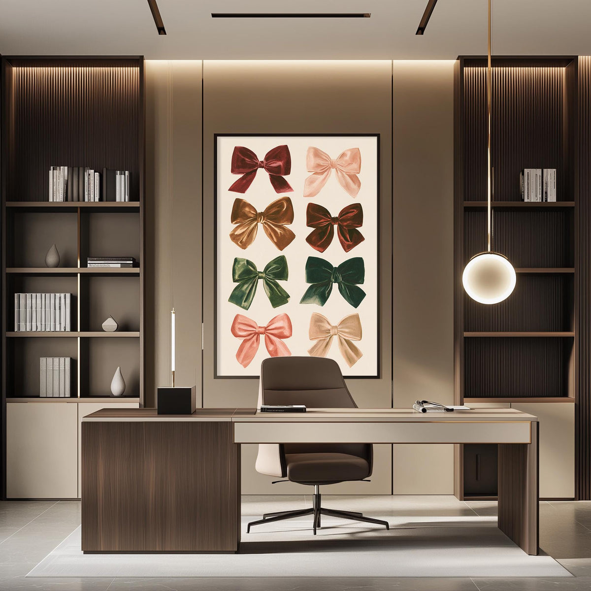 a modern and stylish office space with a large framed print of colorful bows on the wall behind a desk.