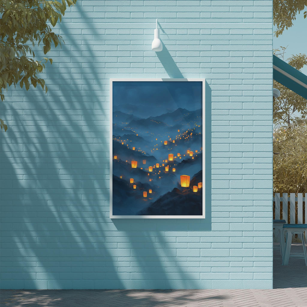 a blue brick wall with a framed painting of a mountainous landscape with orange lanterns hanging from the peaks.