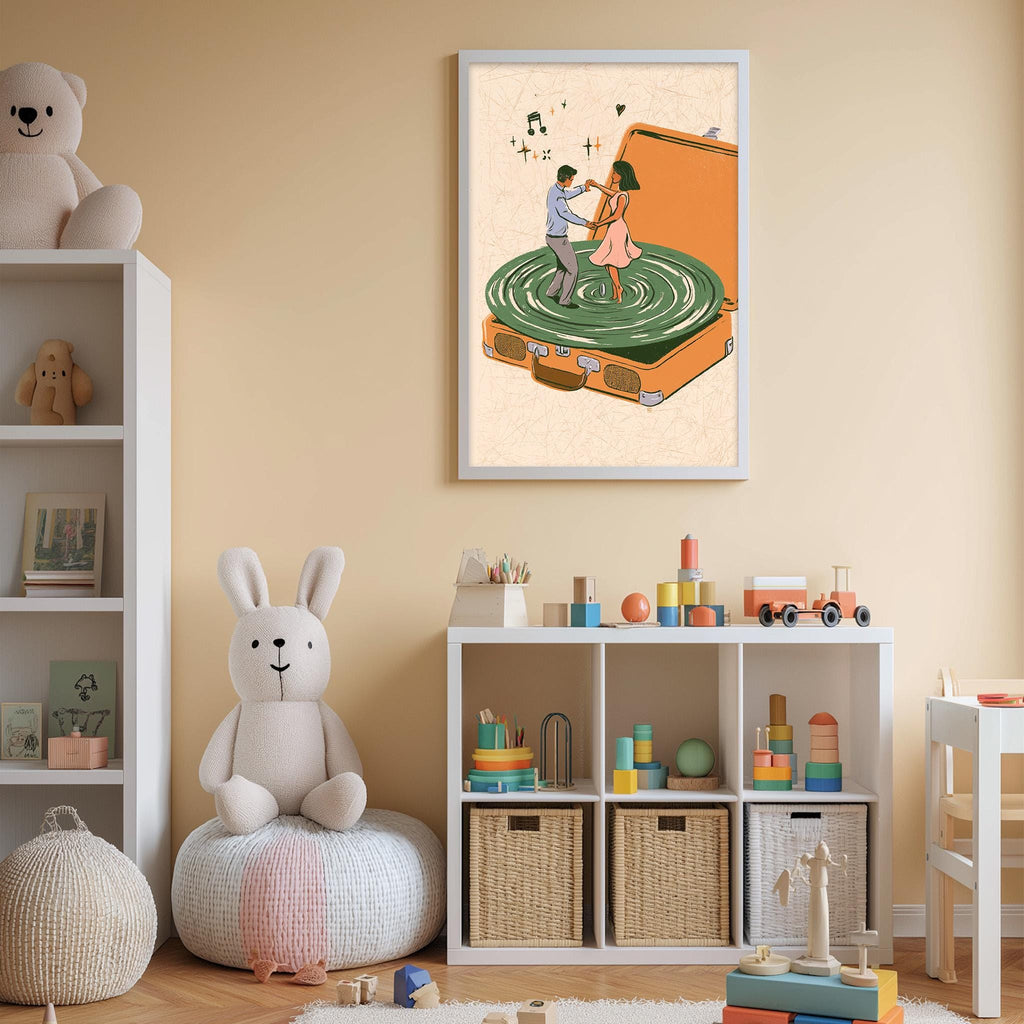 a cozy and colorful children's bedroom with a white bookshelf, a plush white rabbit, and a framed illustration of a man and a woman dancing on a suitcase.