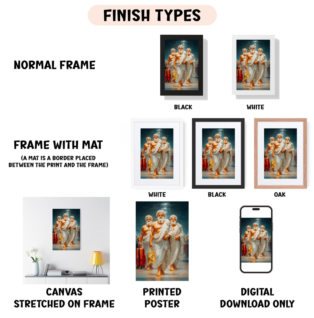 various types of artwork, including a normal frame, a frame with a mat, a white frame, a black frame, an oak frame, a white canvas stretched on a frame, a printed poster, and a digital download only.