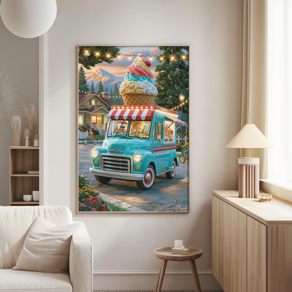 a vintage blue truck with a large ice cream cone on top, parked on a street surrounded by colorful flowers and a picturesque mountain backdrop.