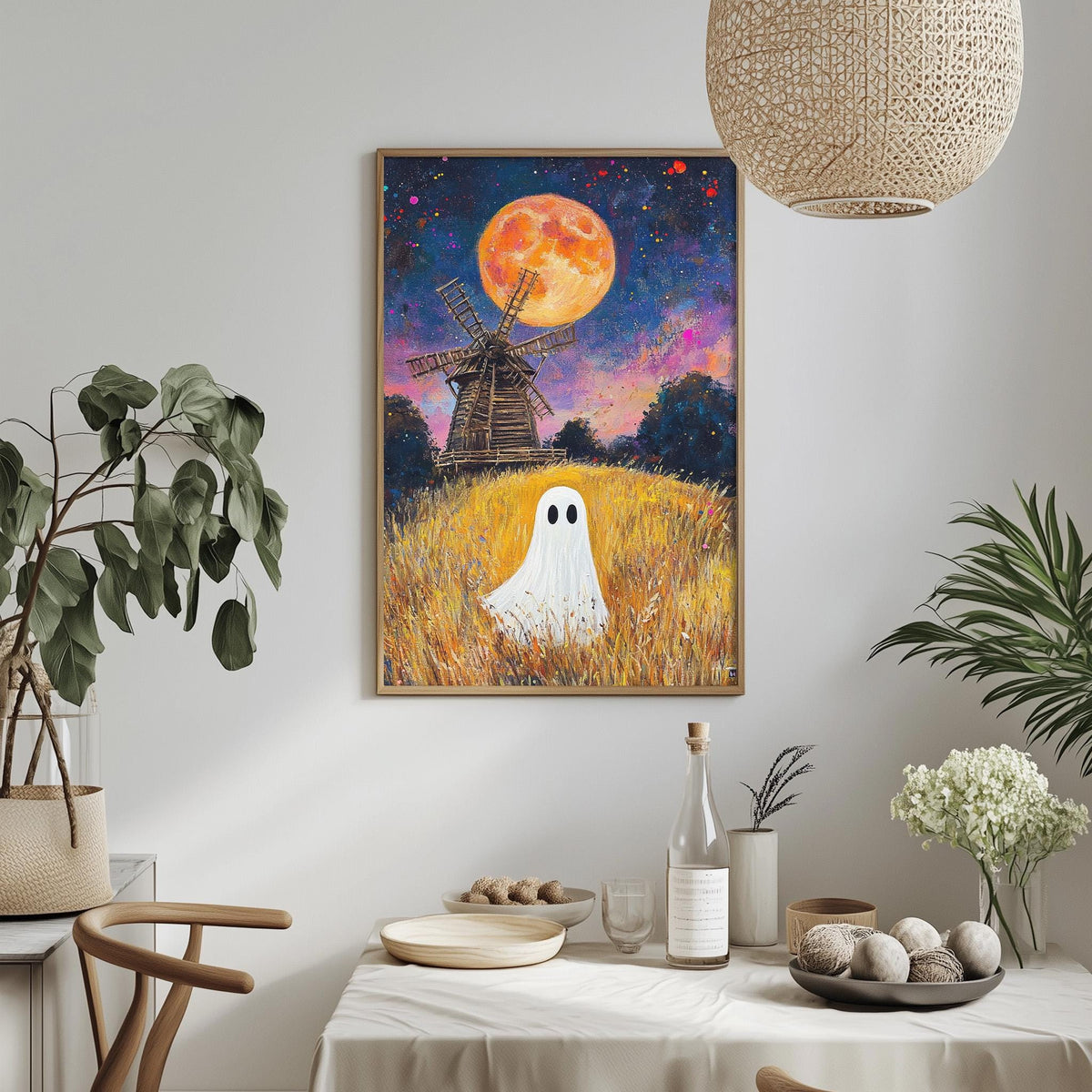 a painting of a ghost standing in a field with a windmill in the background, under a large full moon.