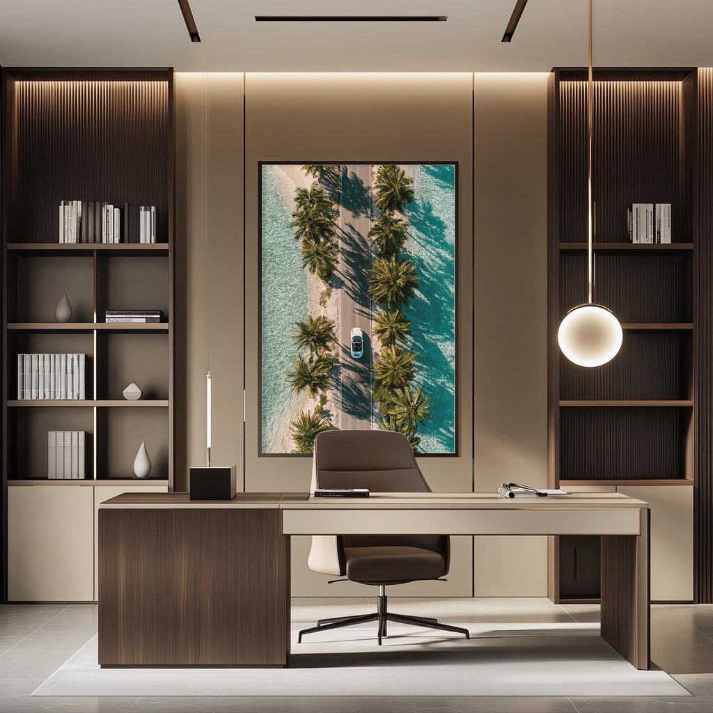 a modern and stylish office space with a large window that provides a view of a tropical beach. The office is furnished with a desk, chair, and shelving units, creating a comfortable and functional workspace.