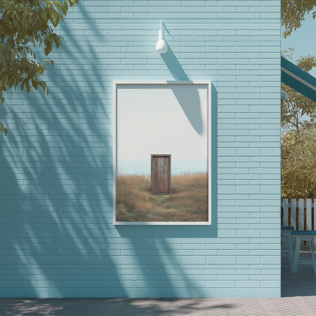a blue brick wall with a framed picture of a brown door in the center, set against a grassy field.