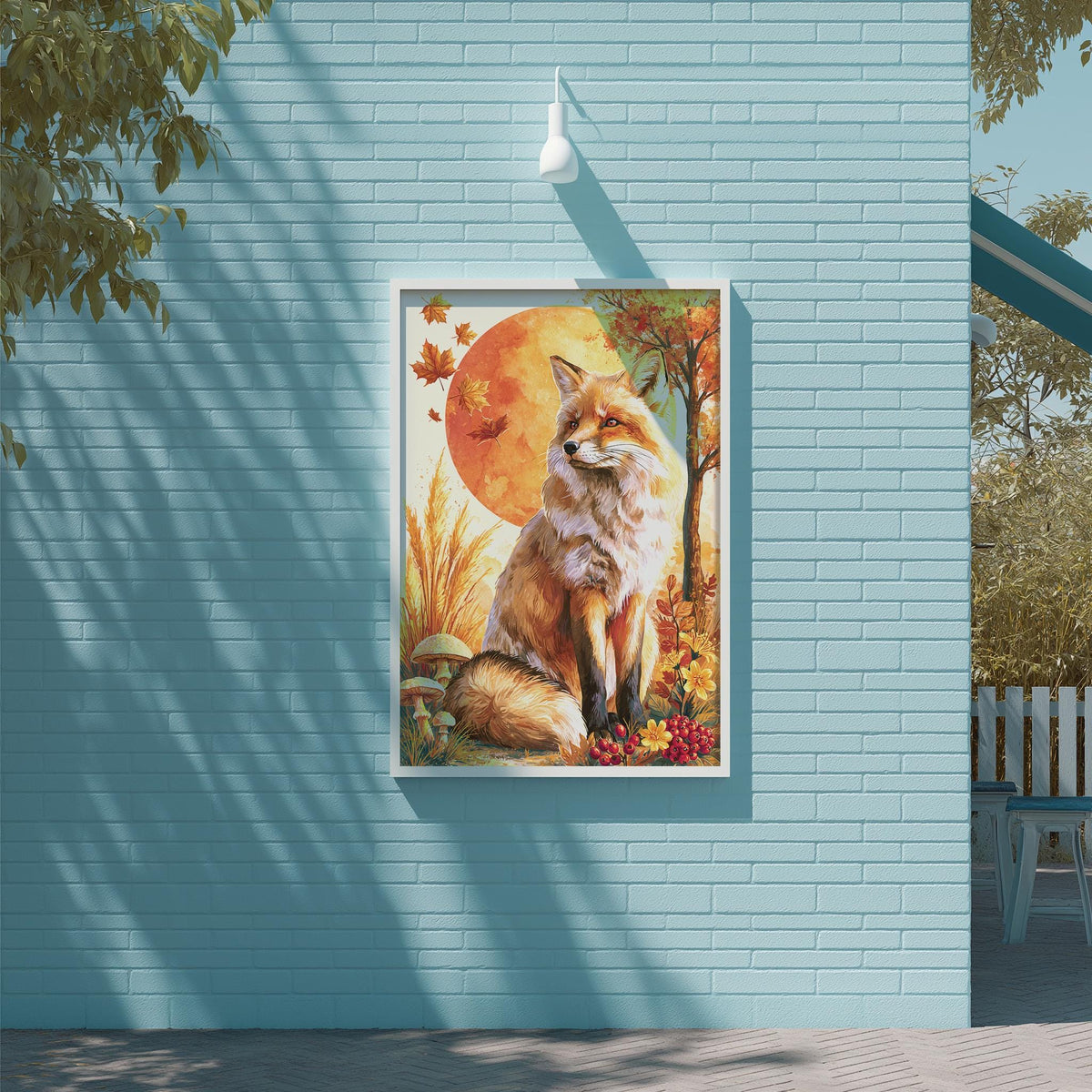 a painting of a fox sitting on a grassy field, with a large orange sun in the background.
