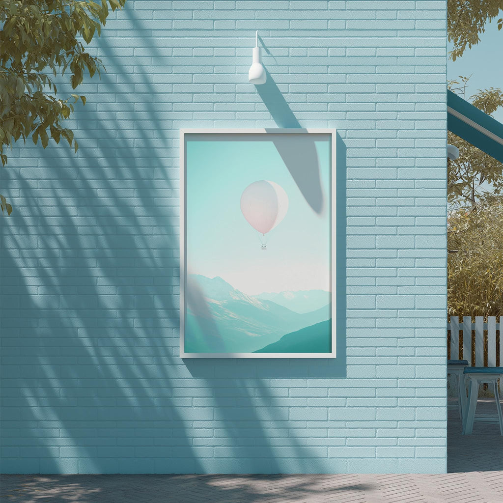 a blue brick wall with a framed picture of a hot air balloon floating in the sky above it.