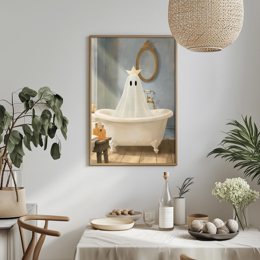 a framed painting of a ghost sitting in a bathtub, surrounded by various decorative elements such as plants, vases, and a table setting.