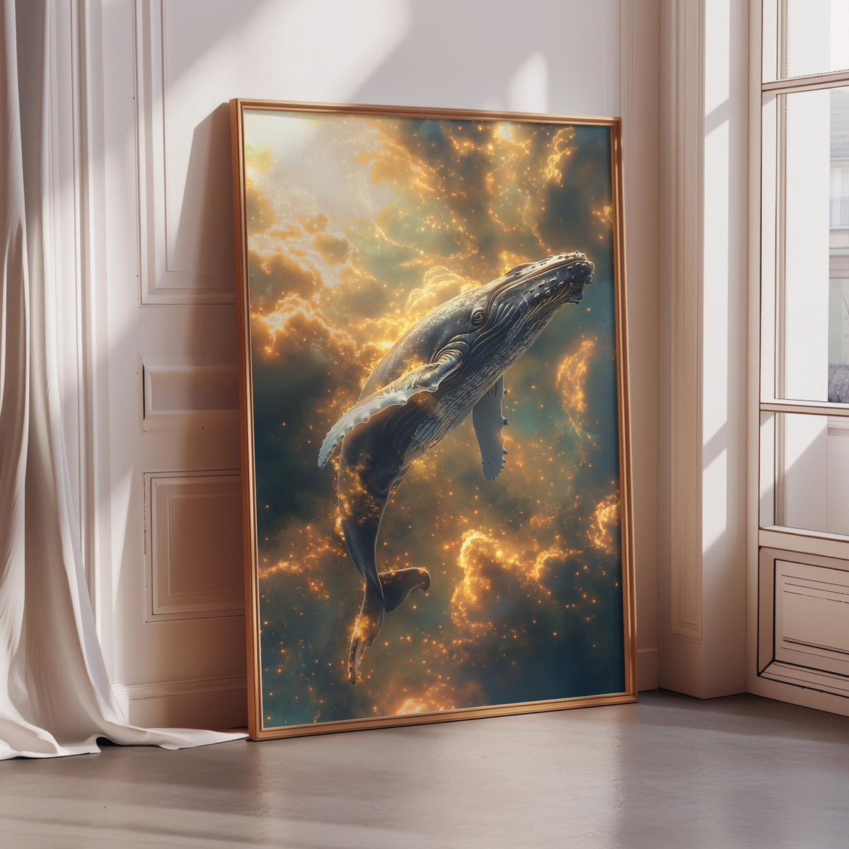 a large framed painting depicting a whale swimming in a vibrant underwater scene with orange and yellow hues.