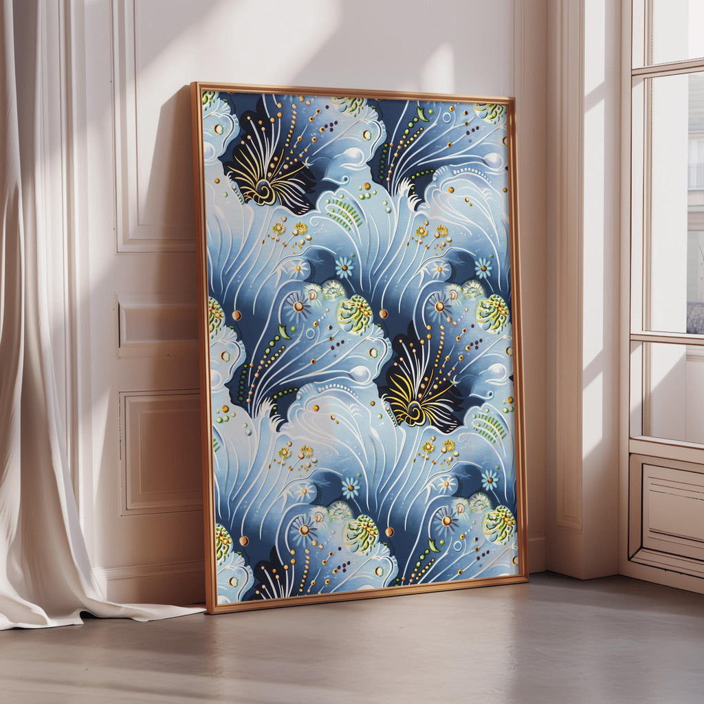 a large, framed artwork with a blue and white floral pattern on a white wall.